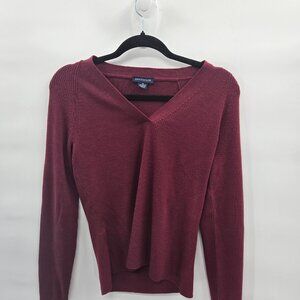 Ann Taylor Burgundy V-Neck 100% Italian Extra Fine Merino Wool Sweater Medium